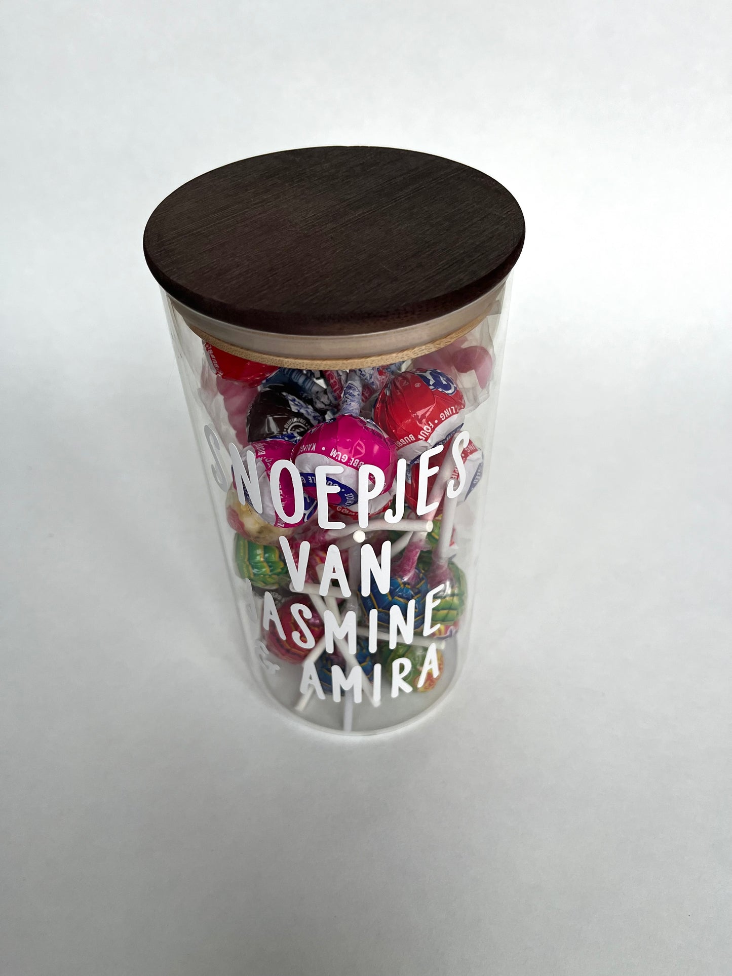 Glazen snoeppot met tekst